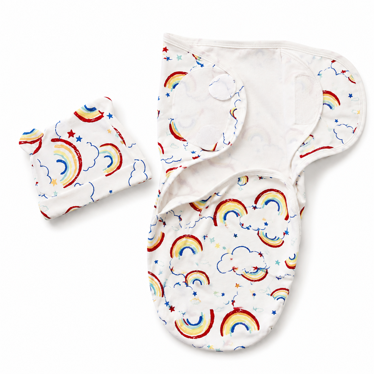 Newborn Baby Swaddle Wrap with Matching Cap – Rainbow Clouds Print | Soft & Breathable