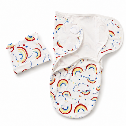 Newborn Baby Swaddle Wrap with Matching Cap – Rainbow Clouds Print | Soft & Breathable