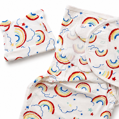 Newborn Baby Swaddle Wrap with Matching Cap – Rainbow Clouds Print | Soft & Breathable