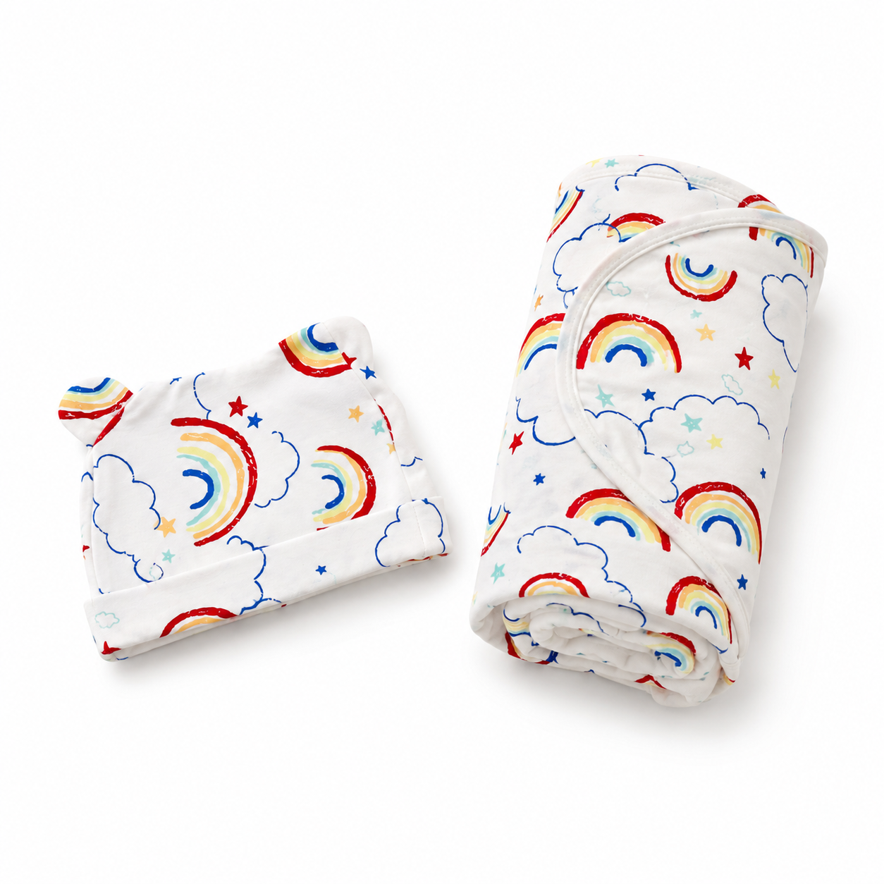 Newborn Baby Swaddle Wrap with Matching Cap – Rainbow Clouds Print | Soft & Breathable