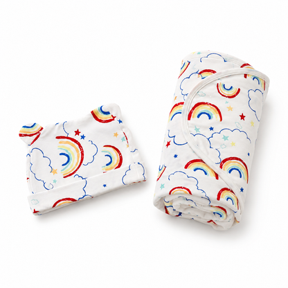 Newborn Baby Swaddle Wrap with Matching Cap – Rainbow Clouds Print | Soft & Breathable