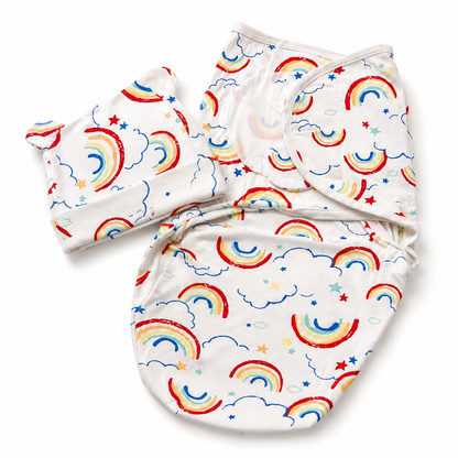 Newborn Baby Swaddle Wrap with Matching Cap – Rainbow Clouds Print | Soft & Breathable