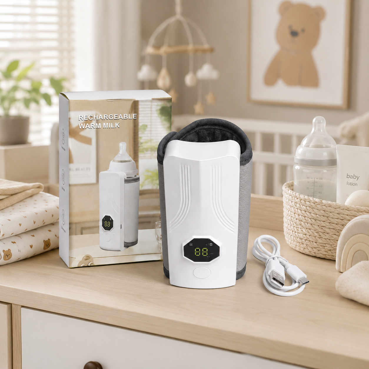 Rechargeable Baby Bottle Warmer – USB Charging, Insulated Pouch & Digital Display