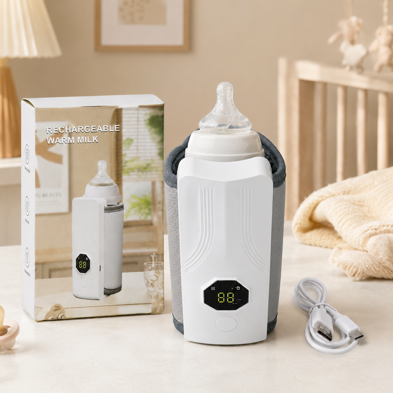 Rechargeable Baby Bottle Warmer – USB Charging, Insulated Pouch & Digital Display