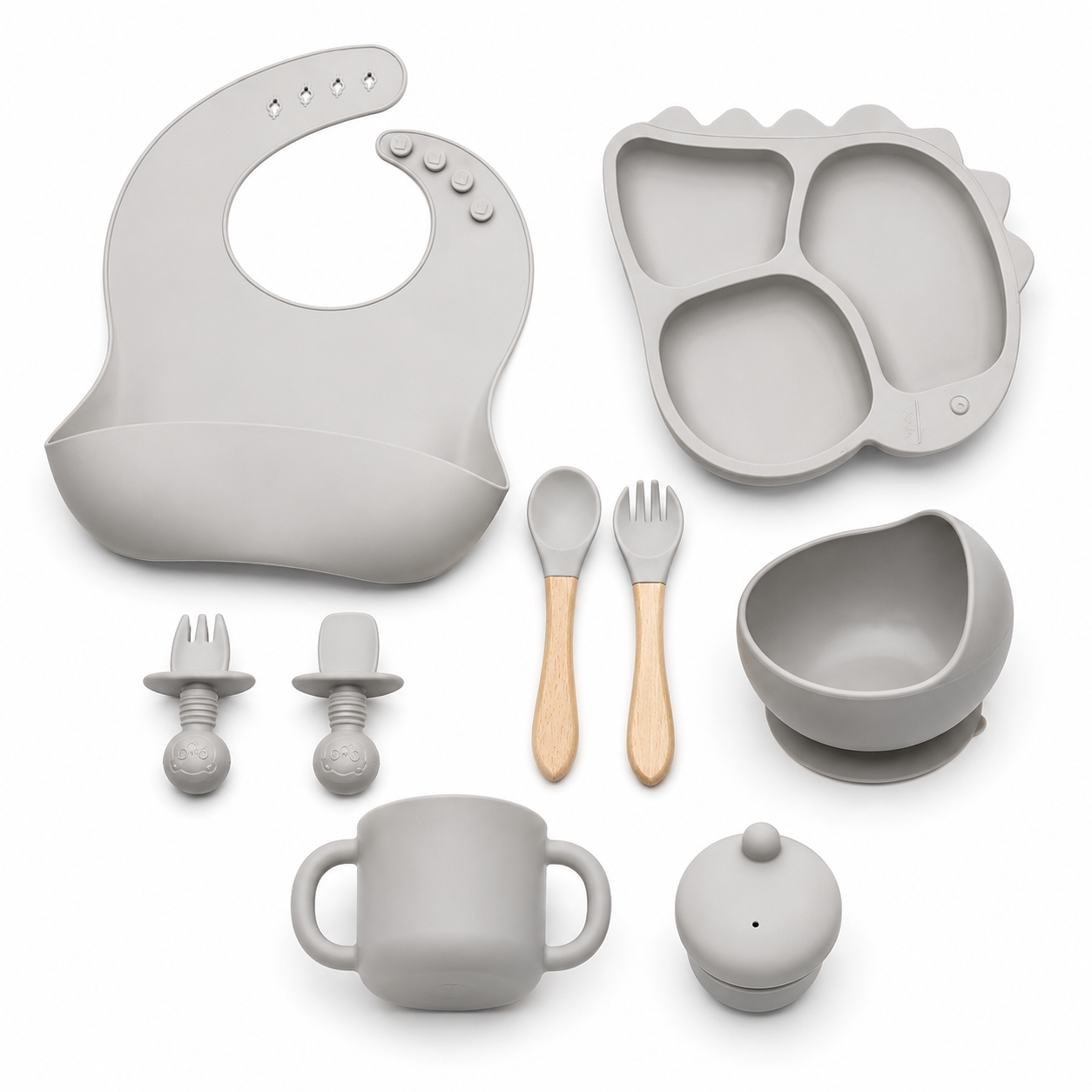 Baby 8-Piece Gray Silicone Tableware Set – BPA-Free Feeding Set for Weaning & Solids