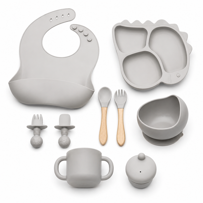 Baby 8-Piece Gray Silicone Tableware Set – BPA-Free Feeding Set for Weaning & Solids