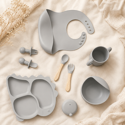 Baby 8-Piece Gray Silicone Tableware Set – BPA-Free Feeding Set for Weaning & Solids