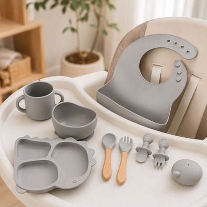 Baby 8-Piece Gray Silicone Tableware Set – BPA-Free Feeding Set for Weaning & Solids