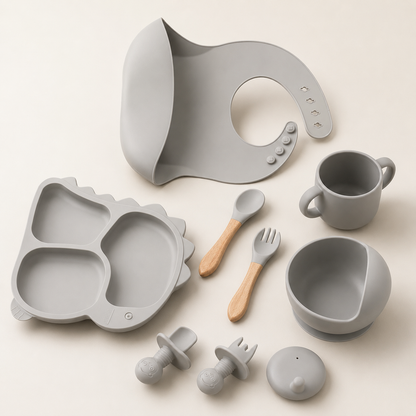 Baby 8-Piece Gray Silicone Tableware Set – BPA-Free Feeding Set for Weaning & Solids