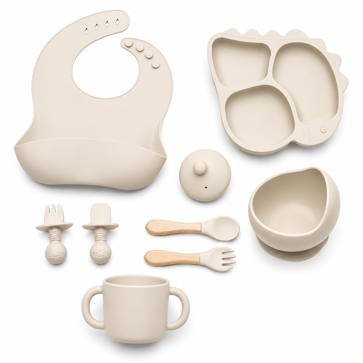 Baby 8-Piece Beige Silicone Tableware Set – BPA-Free Feeding Set for Weaning & Solids