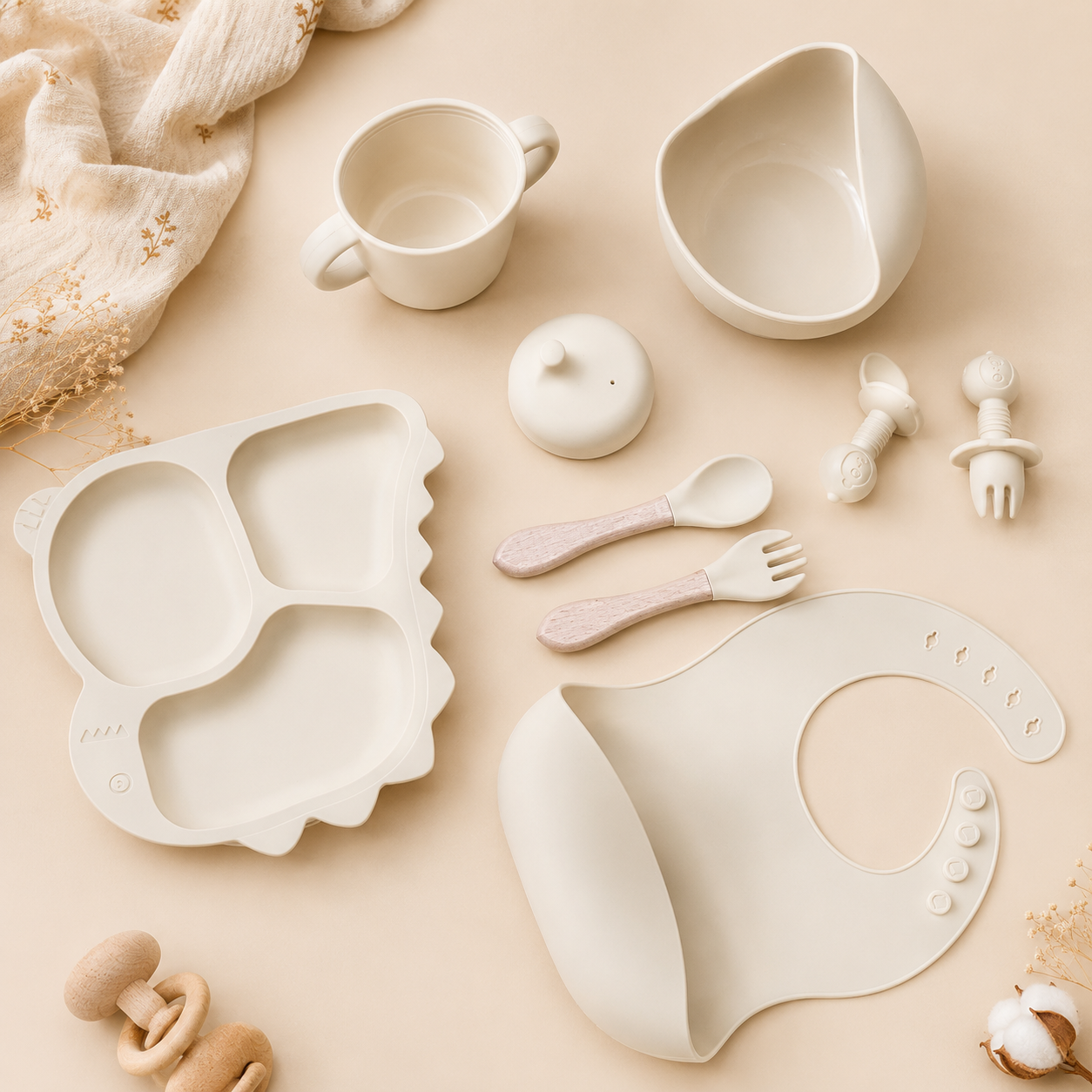 Baby 8-Piece Beige Silicone Tableware Set – BPA-Free Feeding Set for Weaning & Solids