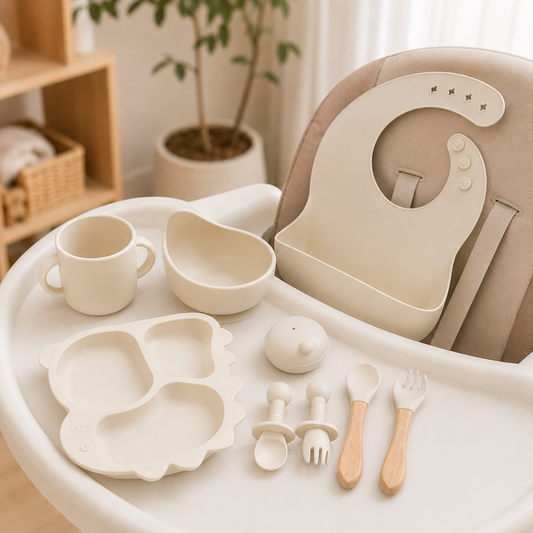 Baby 8-Piece Beige Silicone Tableware Set – BPA-Free Feeding Set for Weaning & Solids