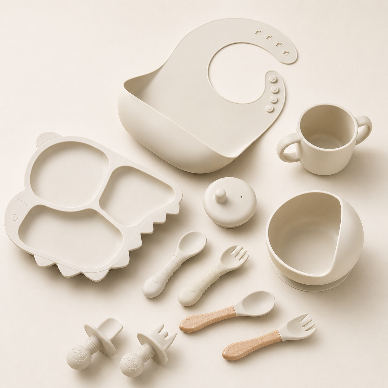 Baby 8-Piece Beige Silicone Tableware Set – BPA-Free Feeding Set for Weaning & Solids