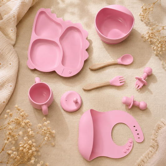 Baby 8-Piece Pink Silicone Tableware Set – BPA-Free Feeding Set for Weaning & Solids