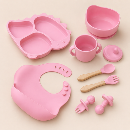 Baby 8-Piece Pink Silicone Tableware Set – BPA-Free Feeding Set for Weaning & Solids