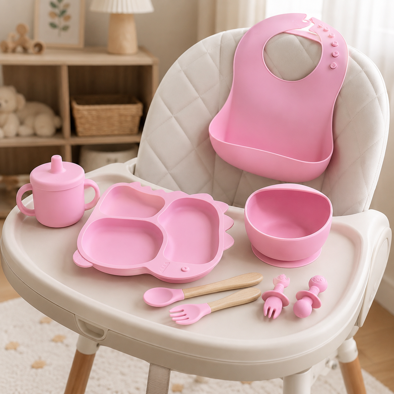 Baby 8-Piece Pink Silicone Tableware Set – BPA-Free Feeding Set for Weaning & Solids