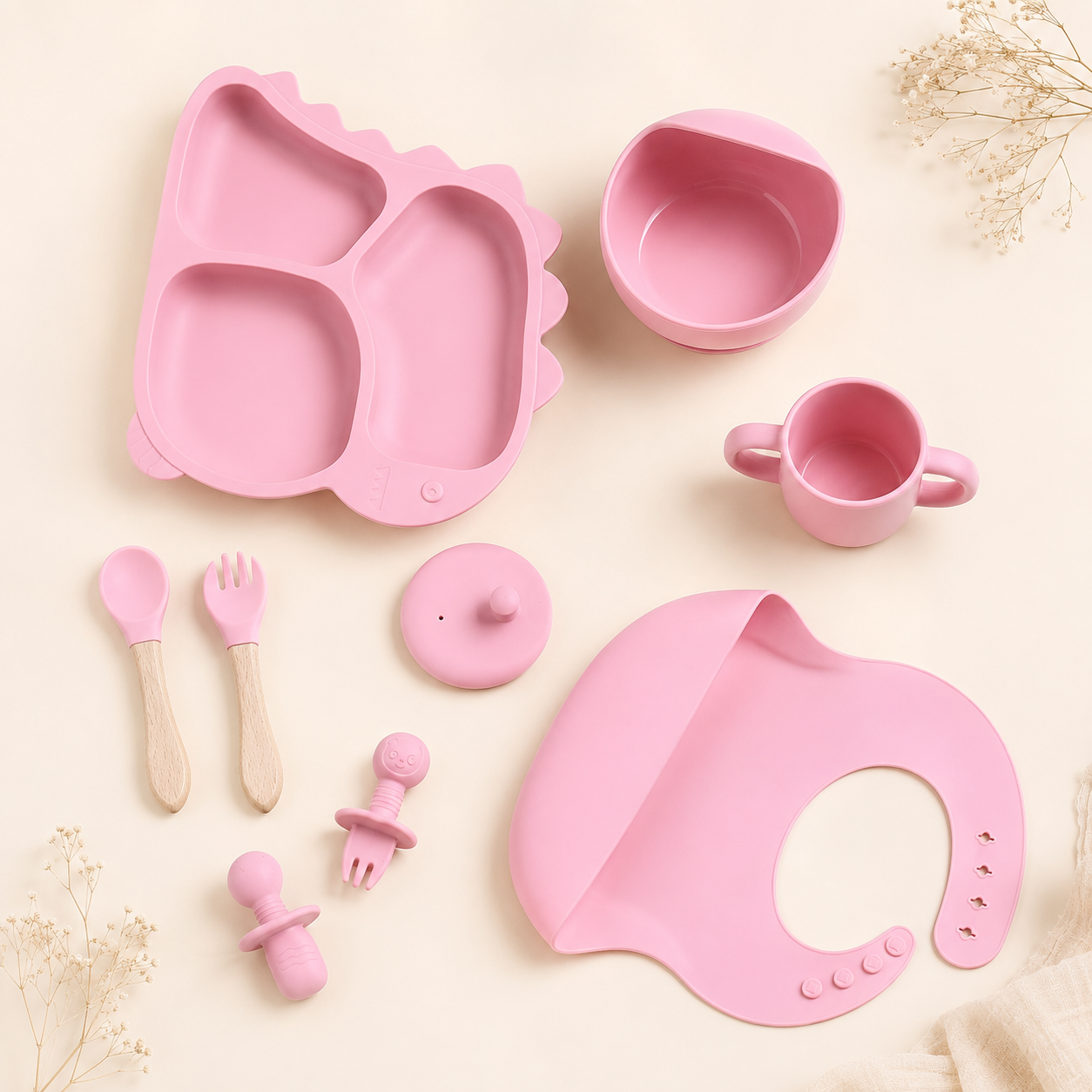 Baby 8-Piece Pink Silicone Tableware Set – BPA-Free Feeding Set for Weaning & Solids