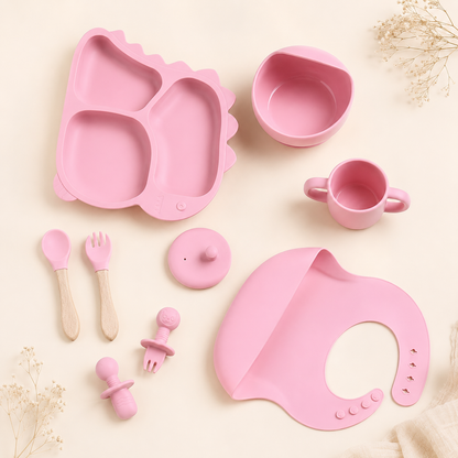 Baby 8-Piece Pink Silicone Tableware Set – BPA-Free Feeding Set for Weaning & Solids