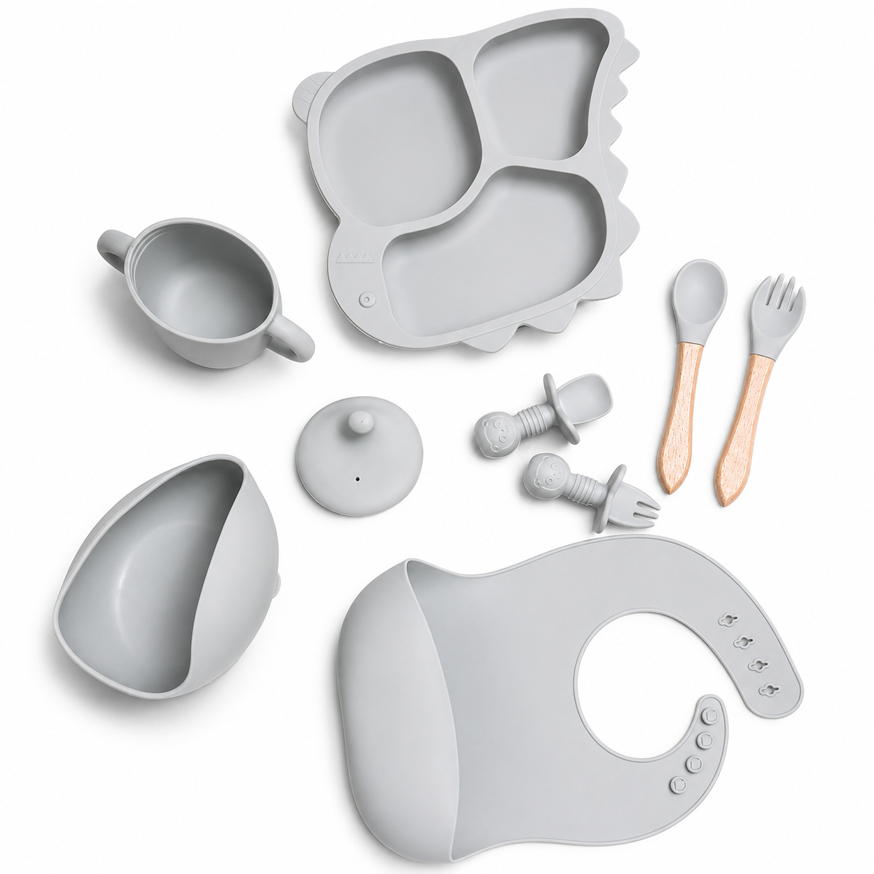 Baby 8-Piece Dar Gray Silicone Tableware Set – BPA-Free Feeding Set for Weaning & Solids