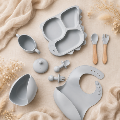 Baby 8-Piece Dar Gray Silicone Tableware Set – BPA-Free Feeding Set for Weaning & Solids
