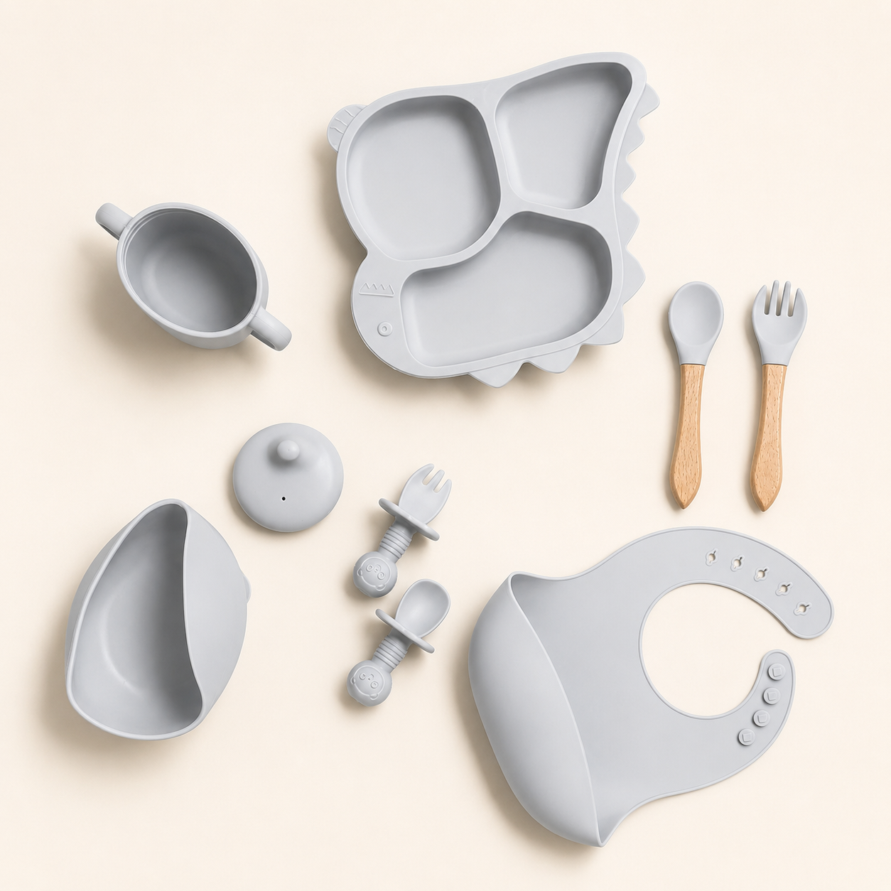Baby 8-Piece Dar Gray Silicone Tableware Set – BPA-Free Feeding Set for Weaning & Solids