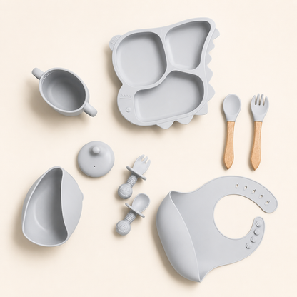 Baby 8-Piece Dar Gray Silicone Tableware Set – BPA-Free Feeding Set for Weaning & Solids