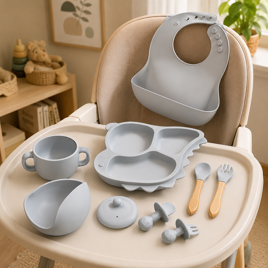 Baby 8-Piece Dar Gray Silicone Tableware Set – BPA-Free Feeding Set for Weaning & Solids