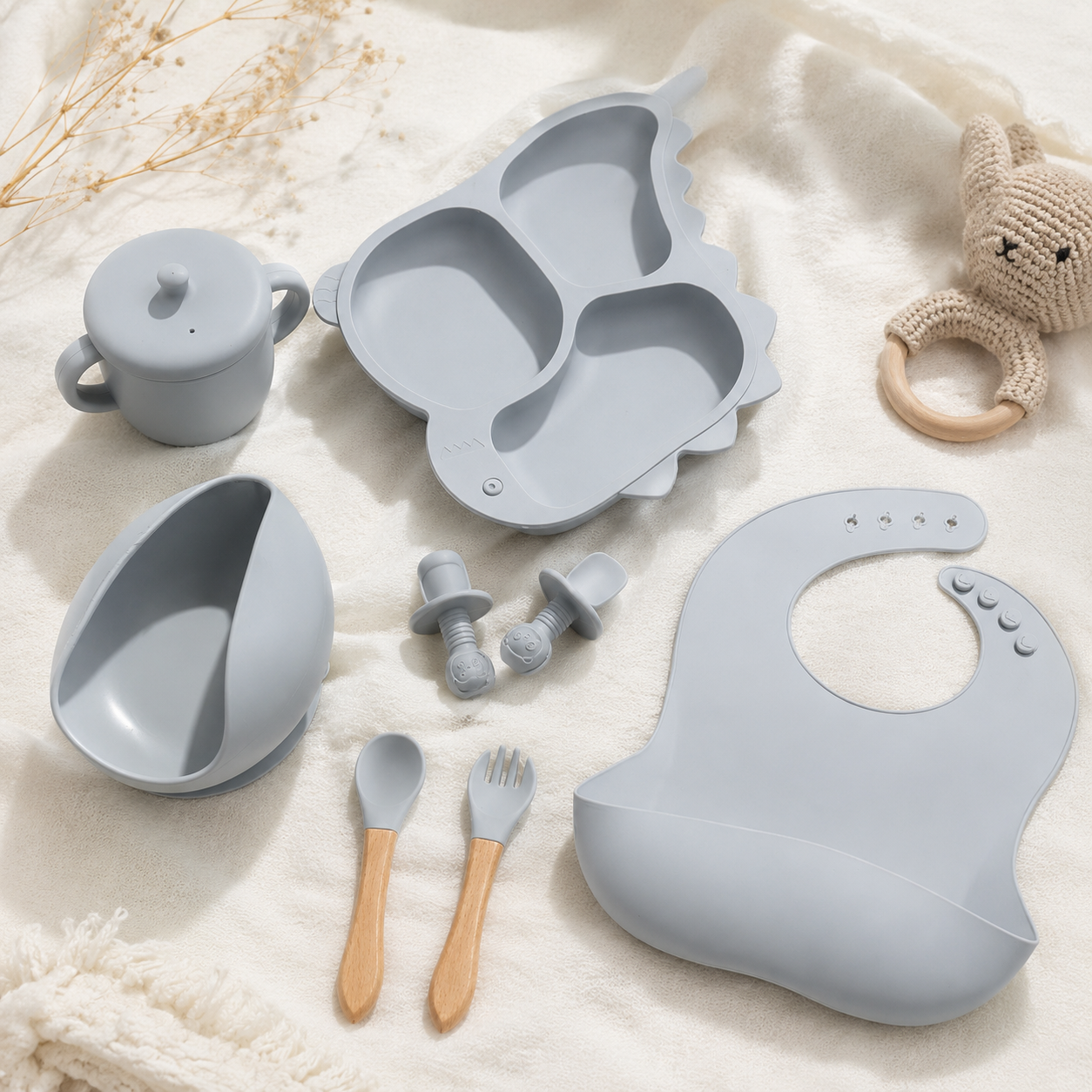 Baby 8-Piece Dar Gray Silicone Tableware Set – BPA-Free Feeding Set for Weaning & Solids