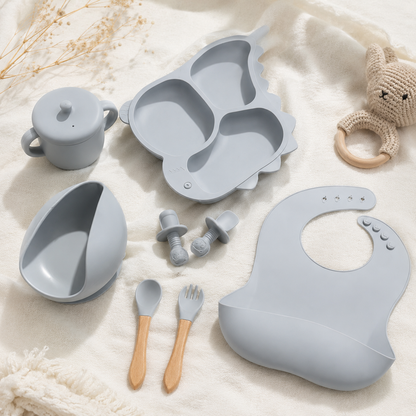 Baby 8-Piece Dar Gray Silicone Tableware Set – BPA-Free Feeding Set for Weaning & Solids