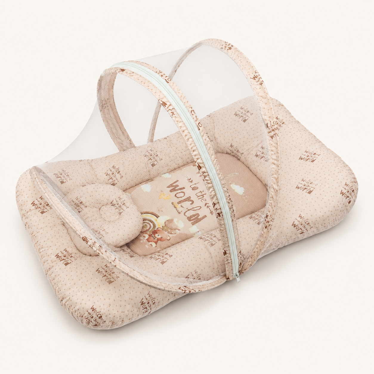 Baby Nest with Mosquito Net – Soft Newborn Nursery Essential | Beige & Light Blue