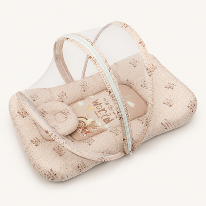 Baby Nest with Mosquito Net – Soft Newborn Nursery Essential | Beige & Light Blue