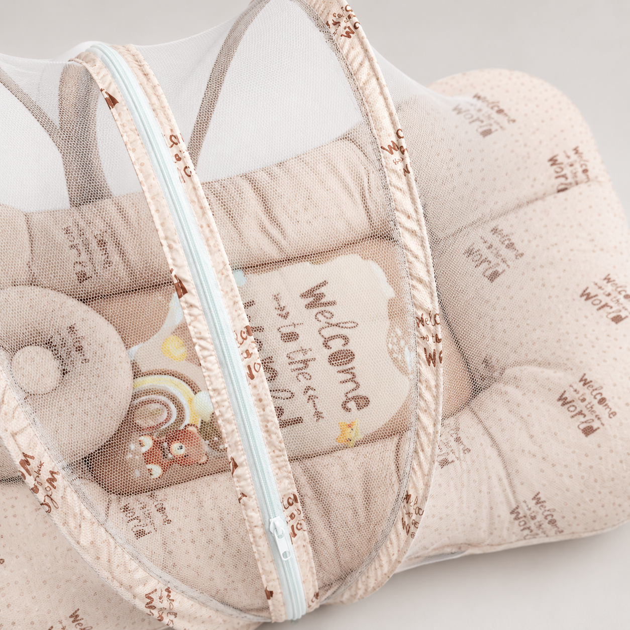 Baby Nest with Mosquito Net – Soft Newborn Nursery Essential | Beige & Light Blue