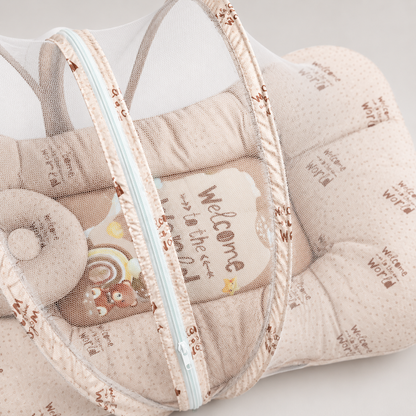 Baby Nest with Mosquito Net – Soft Newborn Nursery Essential | Beige & Light Blue