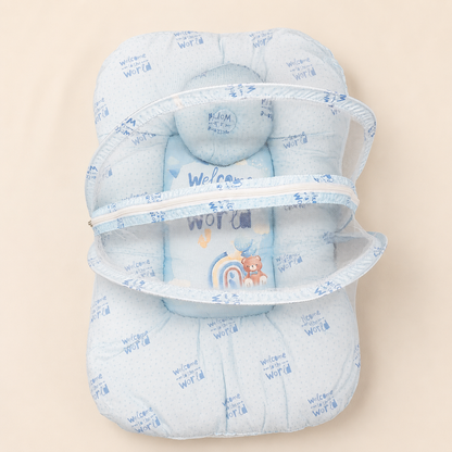Baby Nest with Mosquito Net – Soft Newborn Nursery Essential | Beige & Light Blue