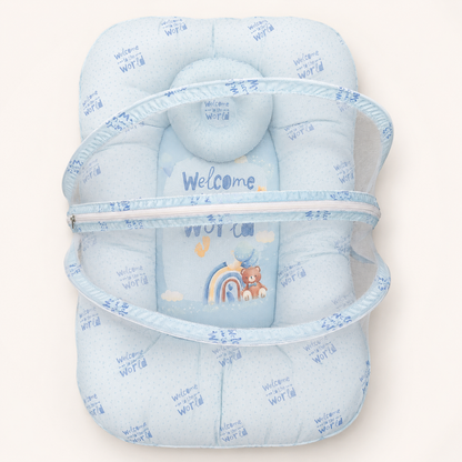 Baby Nest with Mosquito Net – Soft Newborn Nursery Essential | Beige & Light Blue