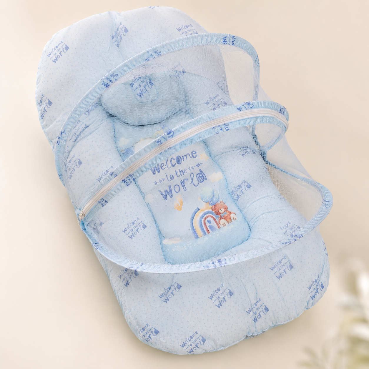 Baby Nest with Mosquito Net – Soft Newborn Nursery Essential | Beige & Light Blue