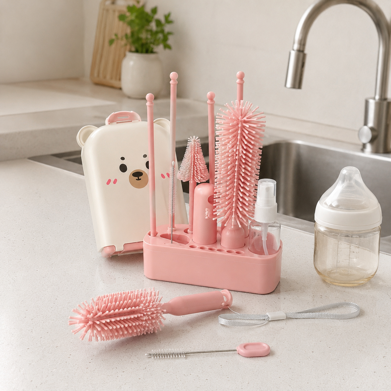 Baby Bottle Cleaning Kit – Premium Feeder Washing Set | Pink, Blue & Green