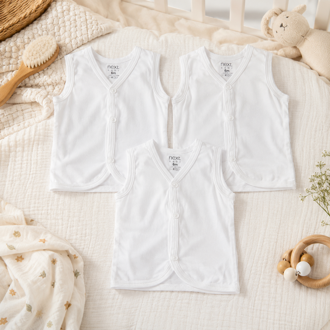 Next Baby Vest Pack of 3 – Plain White Soft Cotton Bodysuits | 0–9 Months