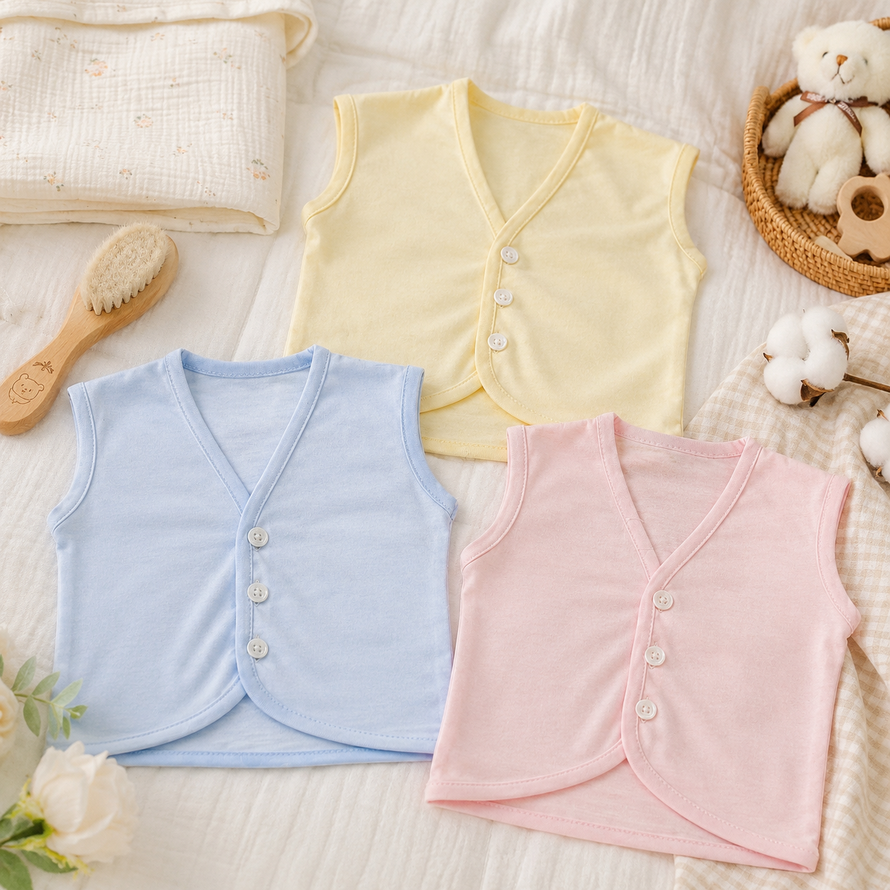 Baby Vest Pack of 3 – Soft Cotton Coloured Bodysuits | 0–9 Months