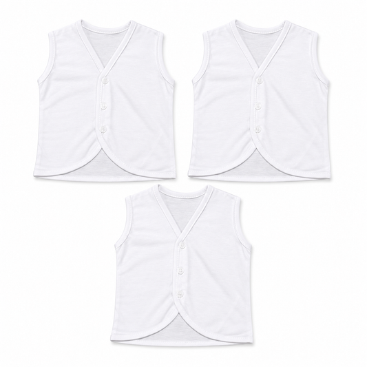 Baby Vest Pack of 3 – Premium White Cotton Bodysuits | 0–9 Months