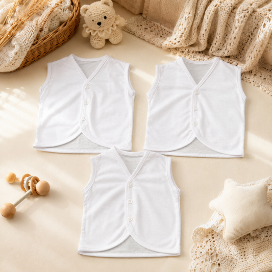 Baby Vest Pack of 3 – Premium White Cotton Bodysuits | 0–9 Months