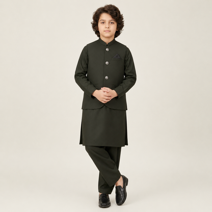Boys Earth Green Kurta Shalwar with Waistcoat – Premium 3-Piece Set