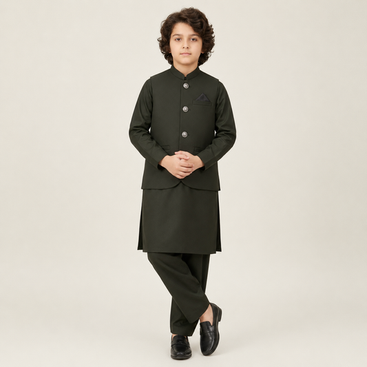 Boys earth green kurta shalwar with matching waistcoat
