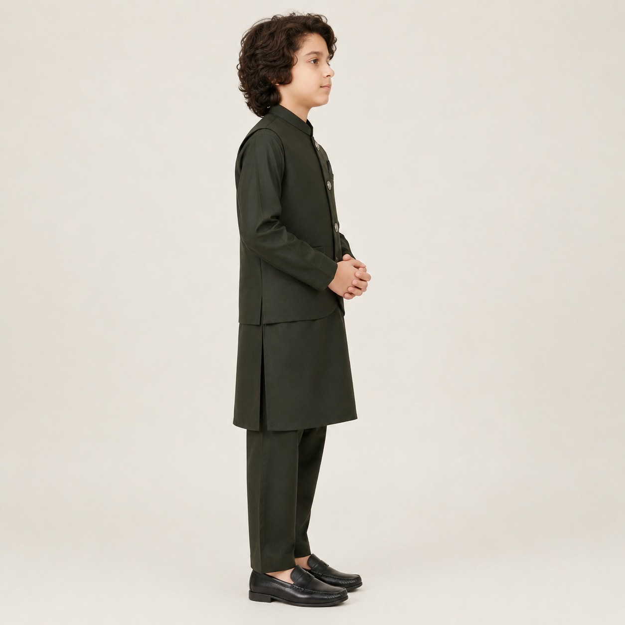Boys Earth Green Kurta Shalwar with Waistcoat – Premium 3-Piece Set