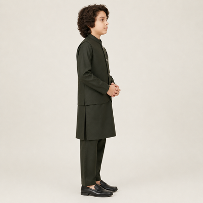 Boys Earth Green Kurta Shalwar with Waistcoat – Premium 3-Piece Set