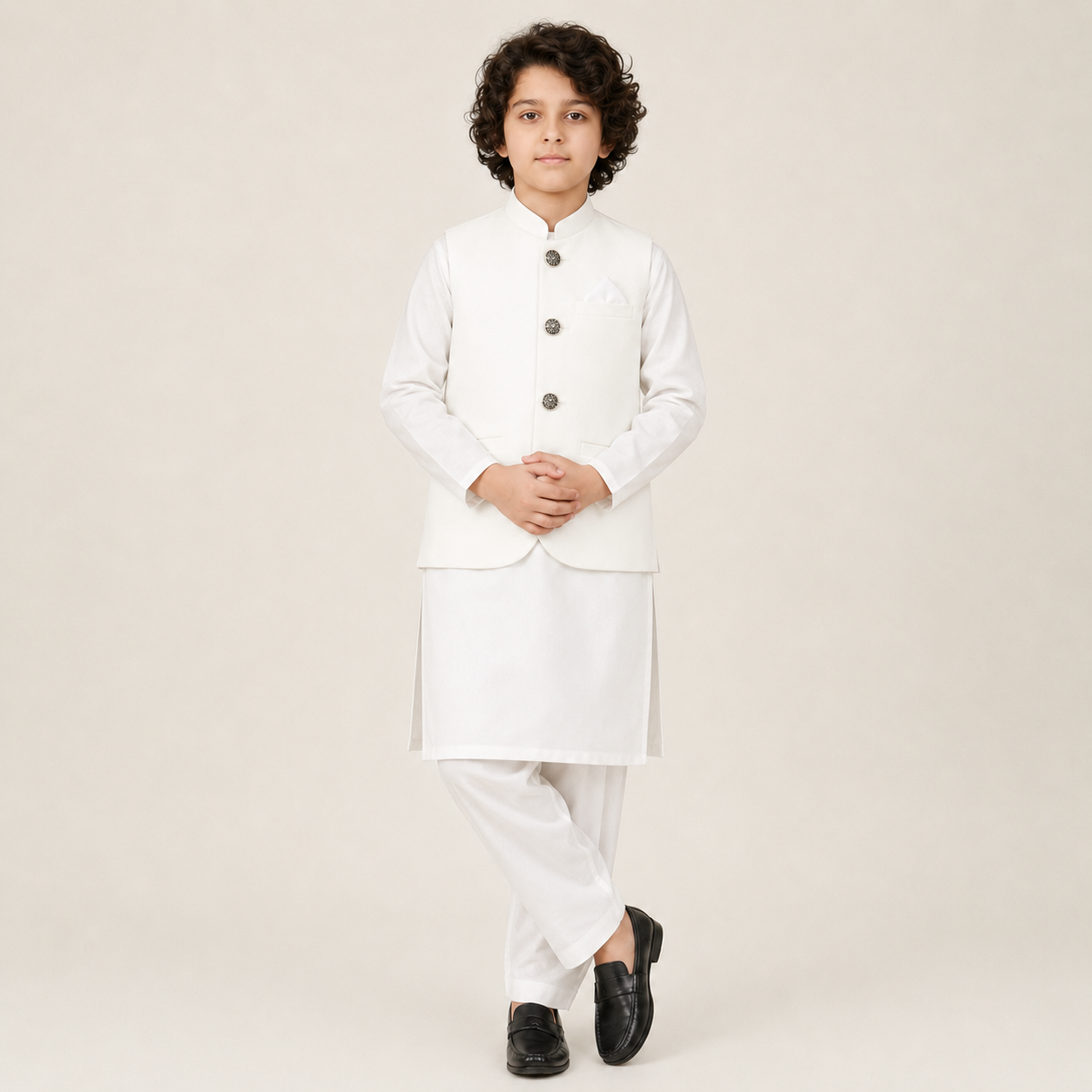 Boys White Kurta Shalwar with Waistcoat & Navy Blue Kaptaan Chappal