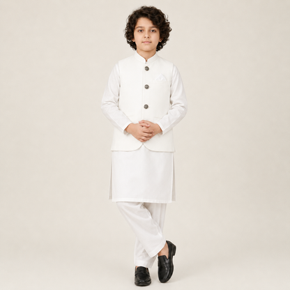 Boys White Kurta Shalwar with Waistcoat & Navy Blue Kaptaan Chappal