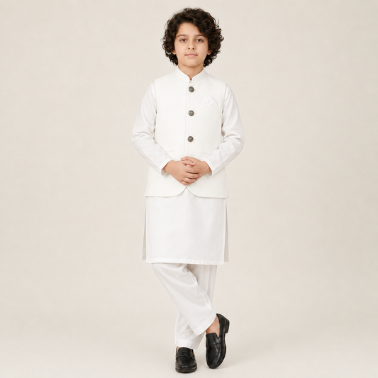 Boys White Kurta Shalwar with Waistcoat – Premium 3-Piece Set