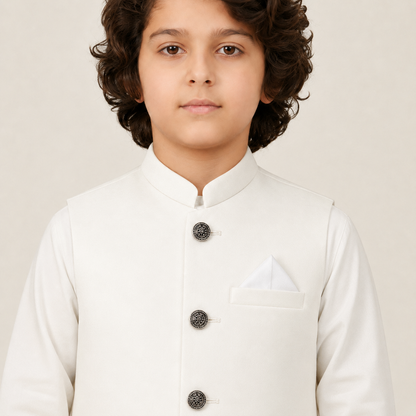 Boys White Kurta Shalwar with Waistcoat – Premium 3-Piece Set