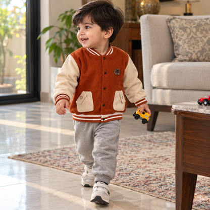 Kids Rust Varsity Jacket & Grey Jogger Outfit